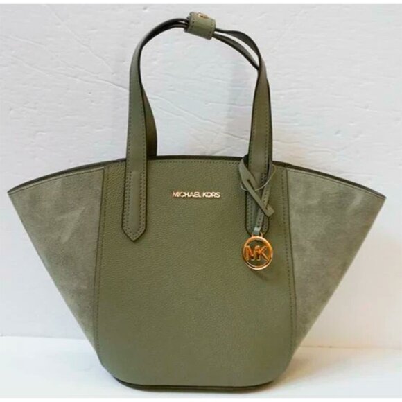 S Michael Kors Portia Small Tote Army Green Leather Suede 35F1GPAT1S $358 - Picture 6 of 8